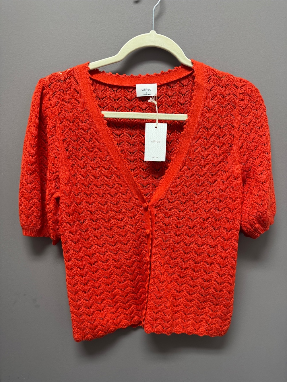 Aritzia Wilfred Bright Red Open Knit Short Sleeve Cardigan